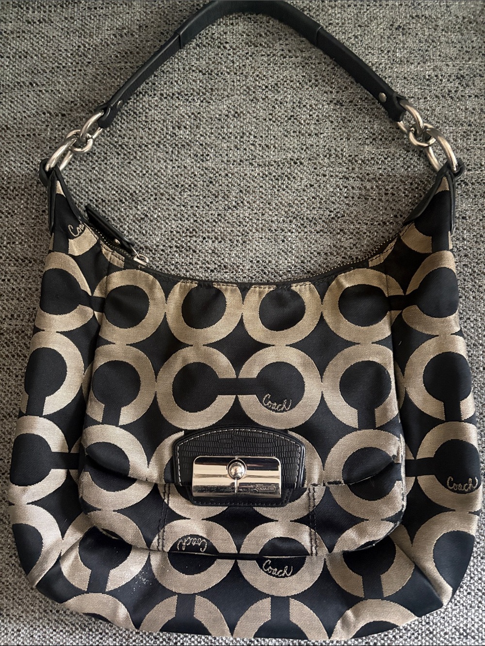 Coach Black & Taupe Signature Shoulder Bag with Silver Hardware